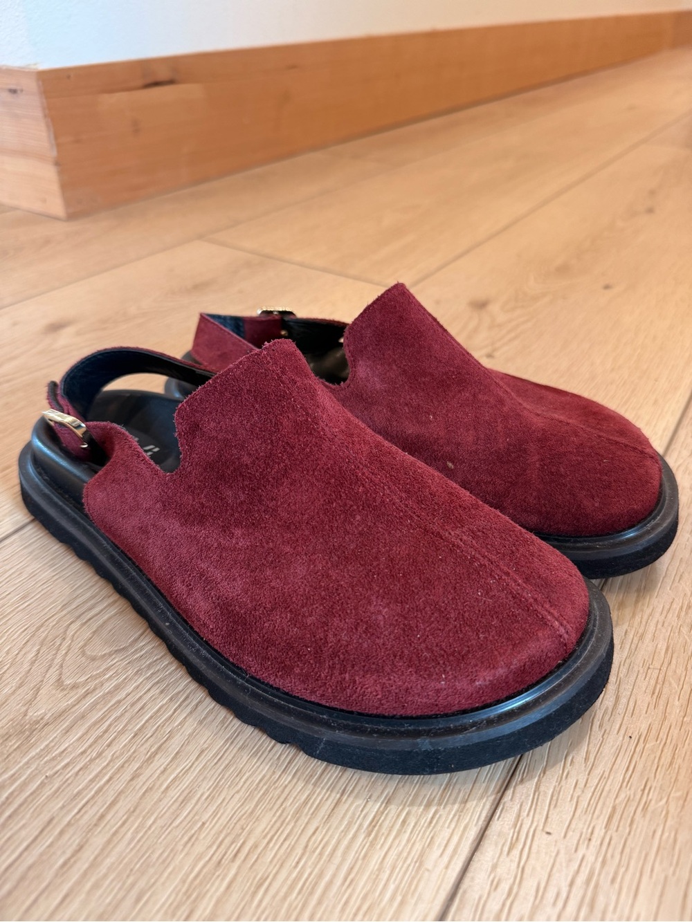 Forever & Always burgundy Suede laby leather slip on clogs